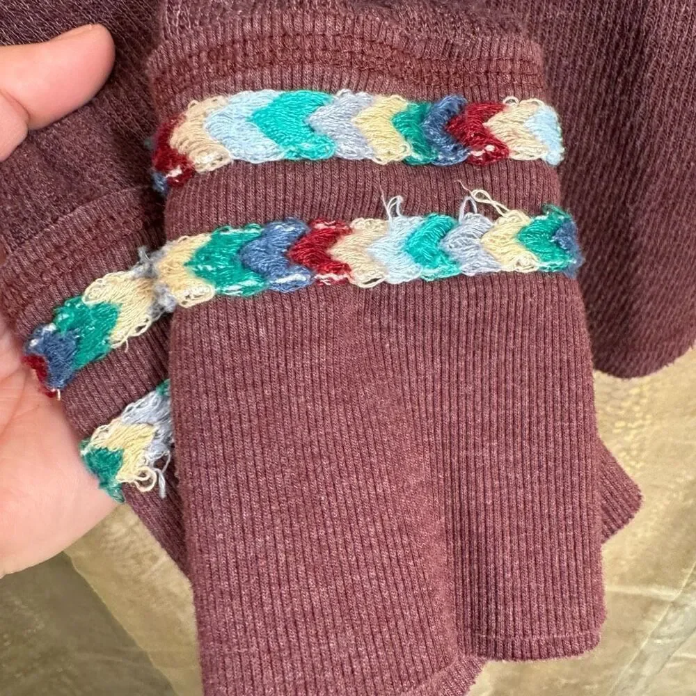 Free People Rainbow Thermal Wine Maroon Long Sleeve Boho Small